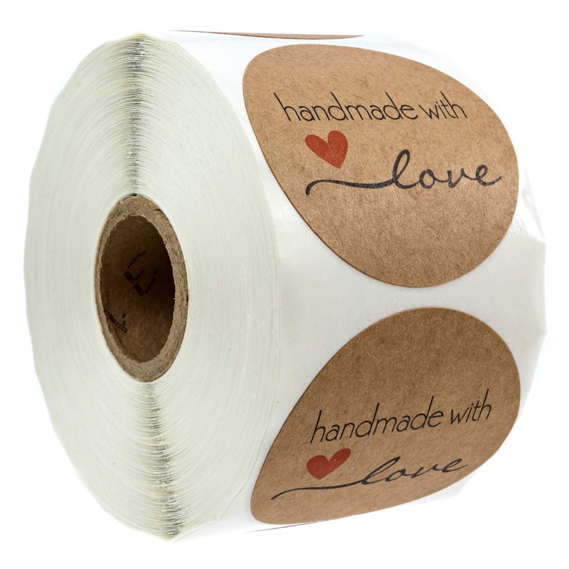 SBlabels 2" Round Natural Brown Kraft Handmade with Love Stickers/Roll of 500 Labels/Homemade Handmade DIY Project Labels/Made in The USA - Image 1